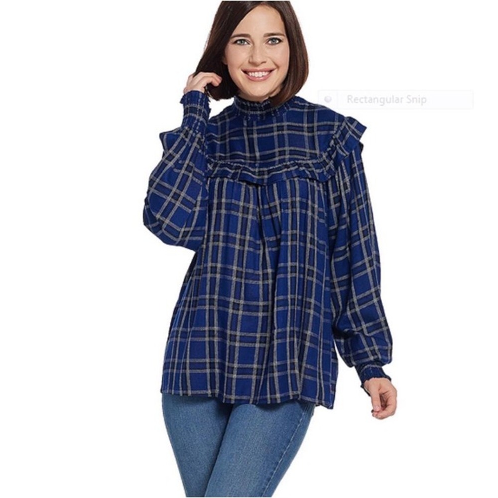 PEACE LOVE WORLD PLAID BLOUSE WITH SMOCKING